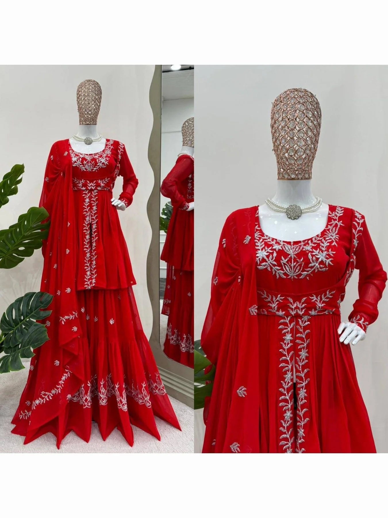 Beautiful Designer Faux Georgette Red Sharara set with Embroidery work