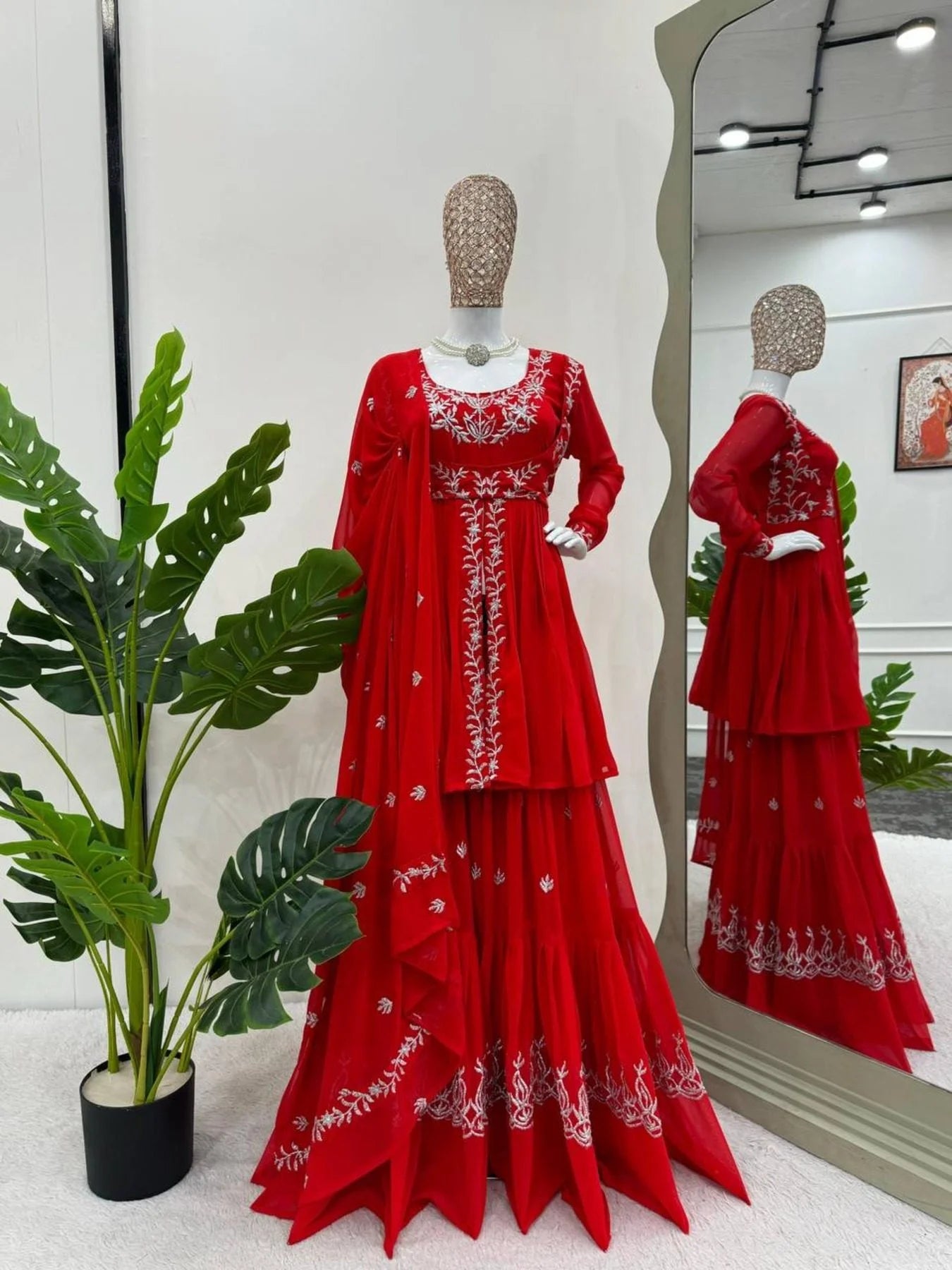 Beautiful Designer Faux Georgette Red Sharara set with Embroidery work