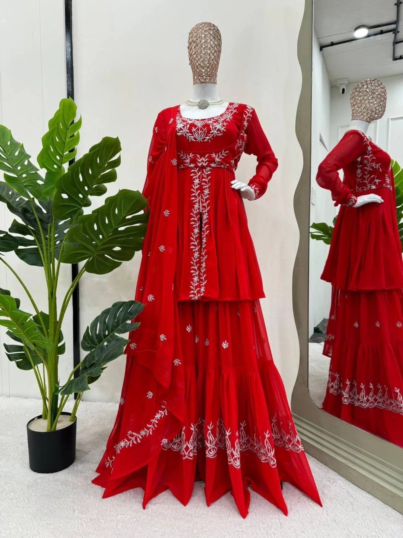 Beautiful Designer Faux Georgette Red Sharara set with Embroidery work
