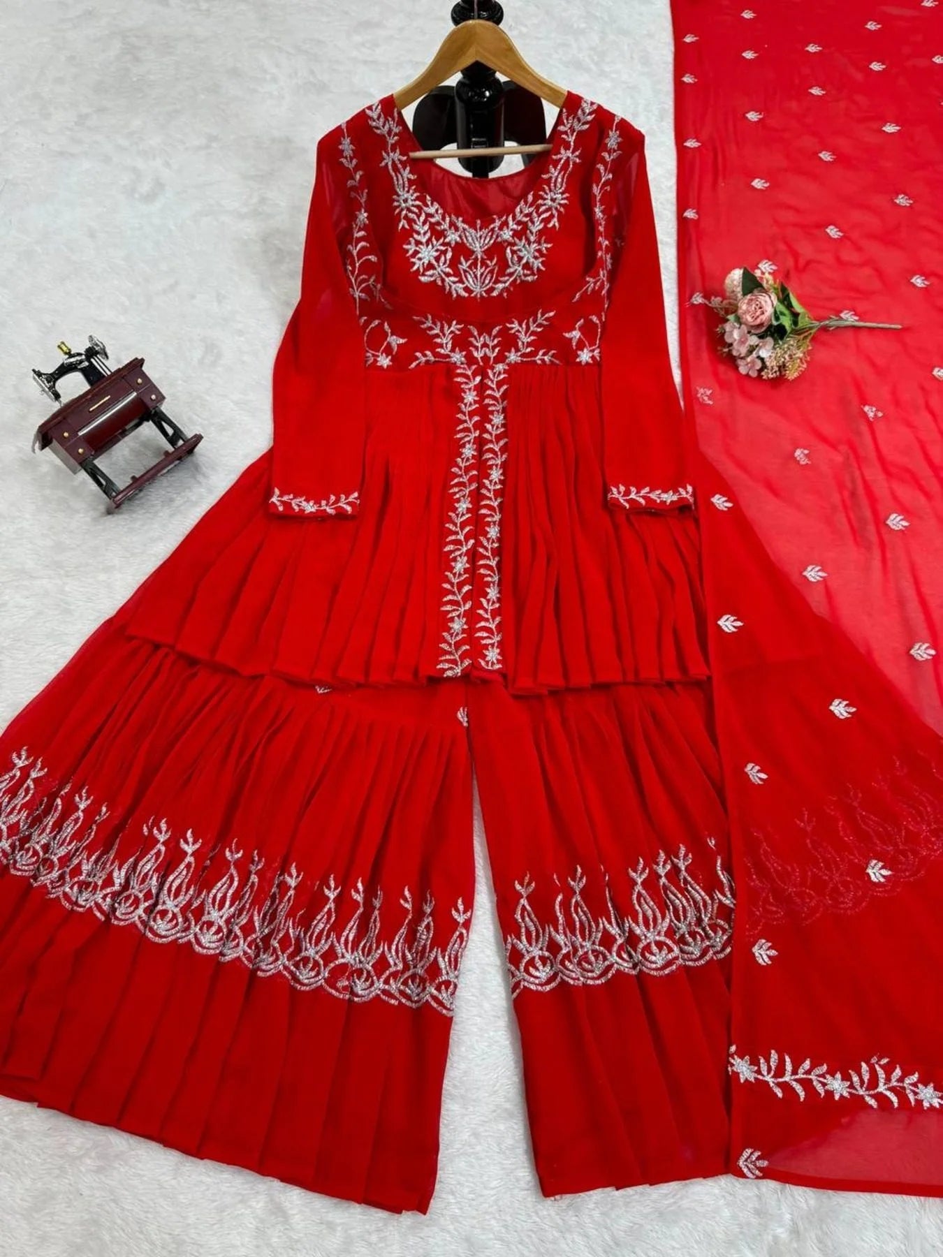 Beautiful Designer Faux Georgette Red Sharara set with Embroidery work