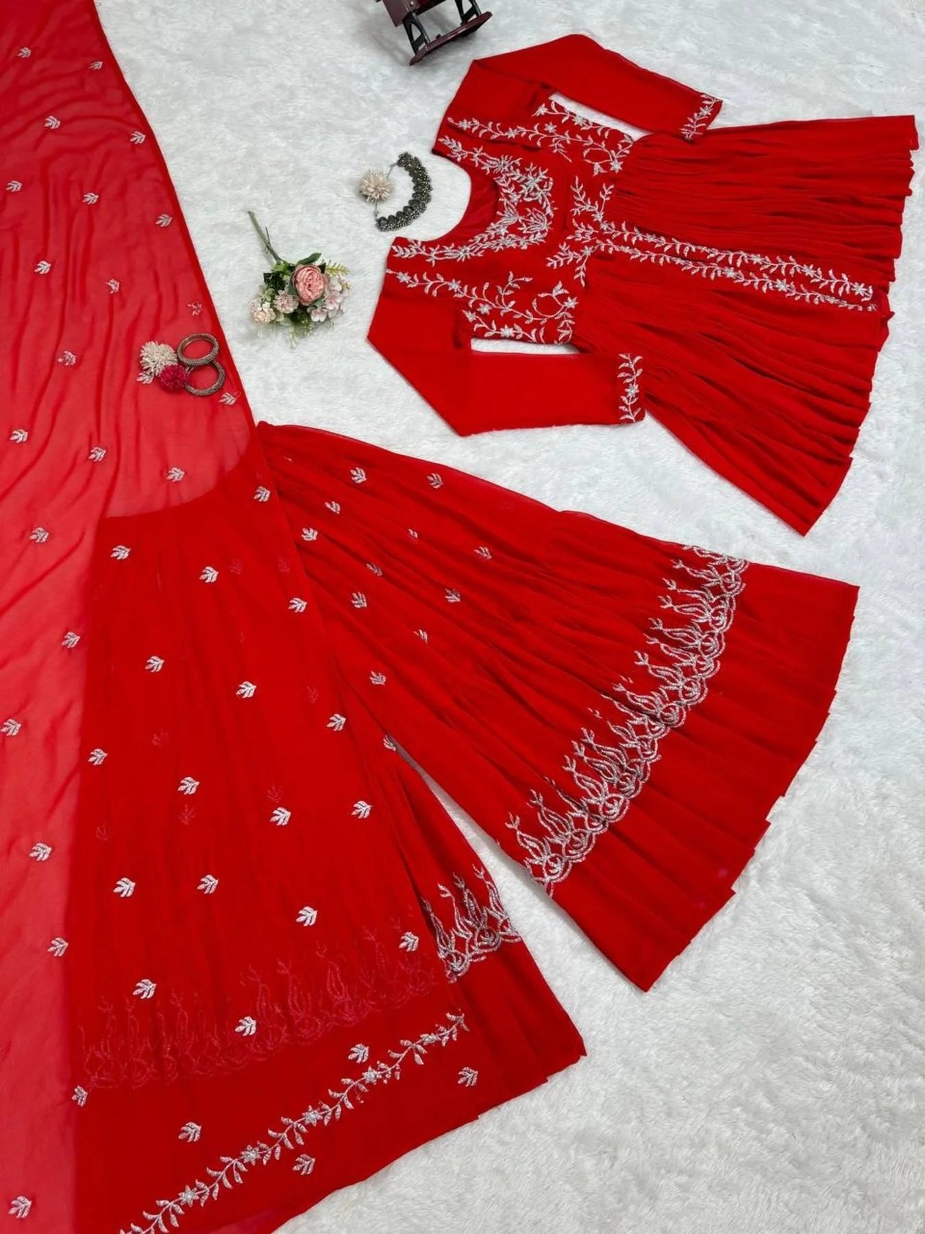 Beautiful Designer Faux Georgette Red Sharara set with Embroidery work