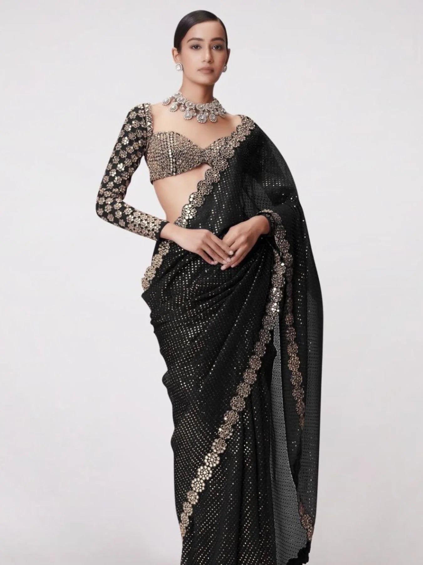 Block Buster Bollywood Black Saree with Heavy Embroidery Work
