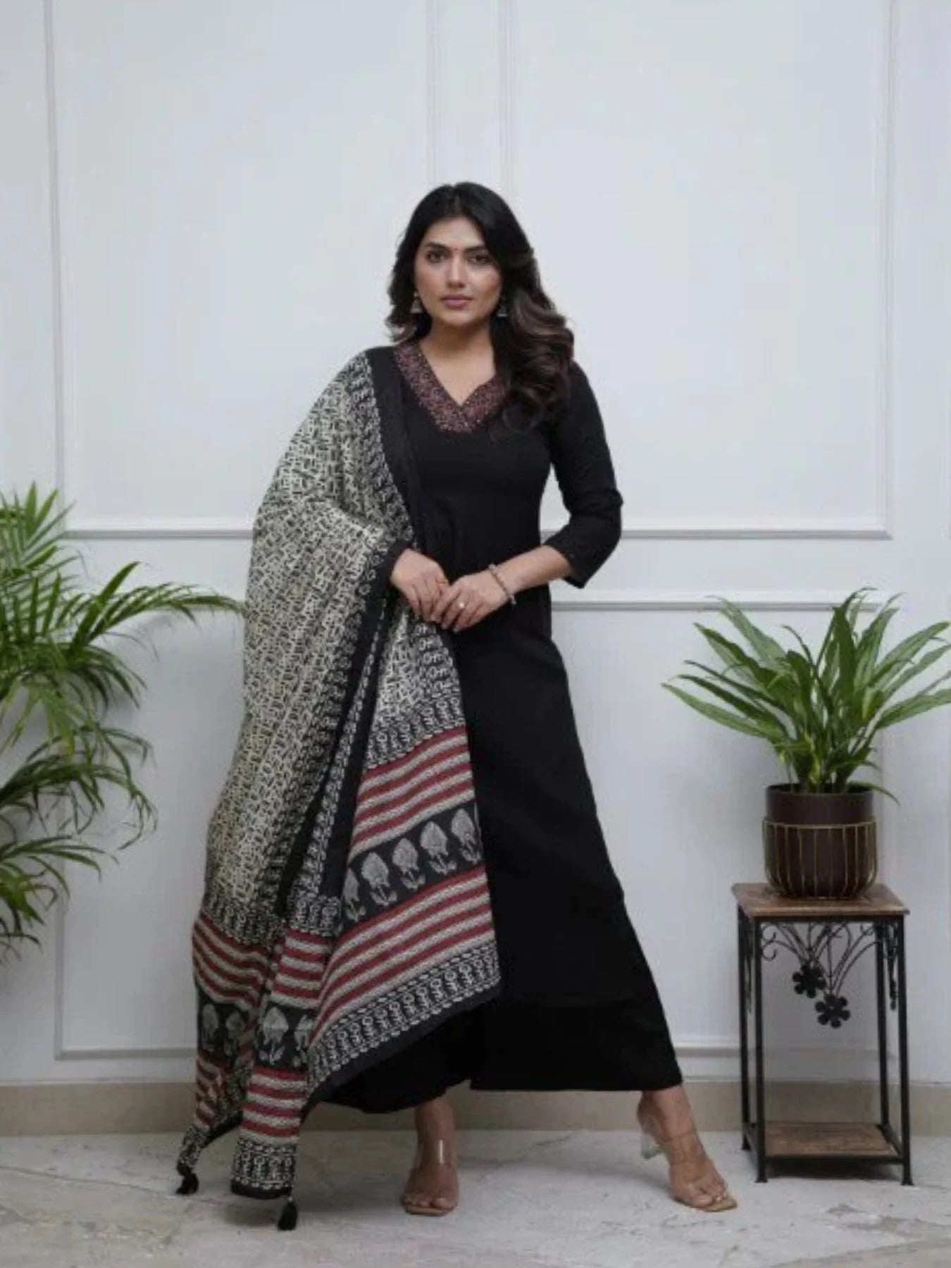 Black Embroidered Parmpara Fabric Kurti Set with Bottom Dupatta Ready to Wear 3 Piece Suit for Women at Best Price