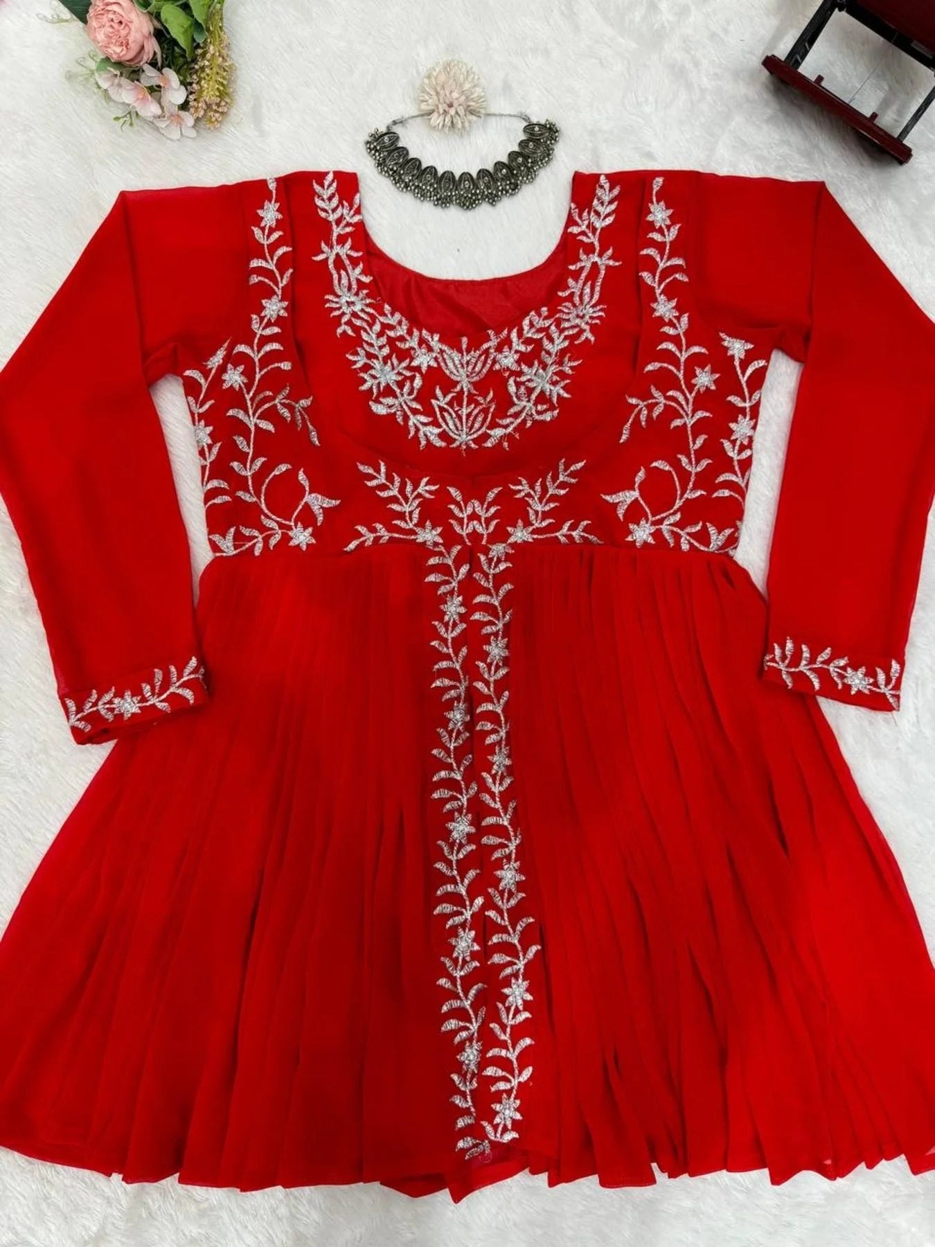 Beautiful Designer Faux Georgette Red Sharara set with Embroidery work