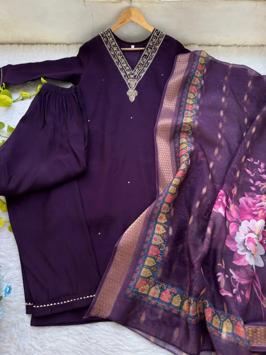 Festive Wear Roman Silk Kurti Set with Miyani Pant Digital Chanderi Dupatta Elegant 3PC Outfit Supplier Collection for Clothing Wholesalers