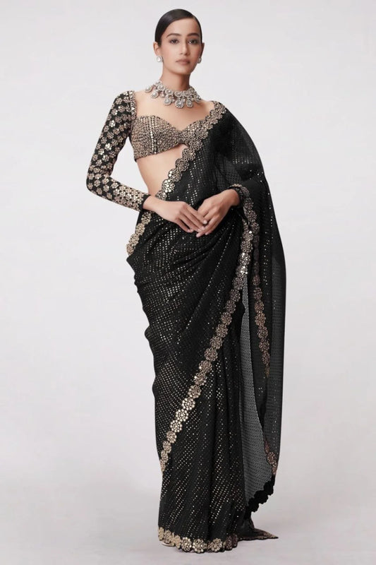 Block Buster Bollywood Black Saree with Heavy Embroidery Work