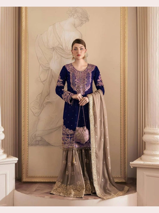 Beautiful Designer faux Georgette Sequence Blue Sharara set with Dupatta