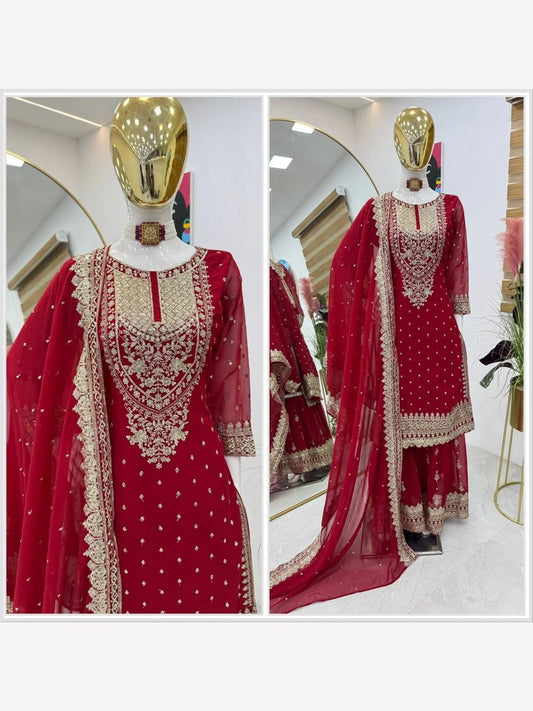 Women Red Designer Foux Georgette Embroidery and Sequence work Sharara set