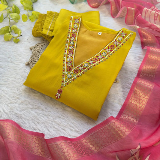 Premium Roman Silk Kurti Set with Hand Embroidery & Jacquard Dupatta 3PC Festive Wear at Wholesale Price