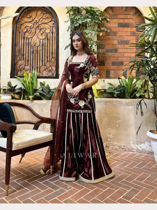 Latest Winter Viscos Velvet Sharara set with Heavy Embroidery work