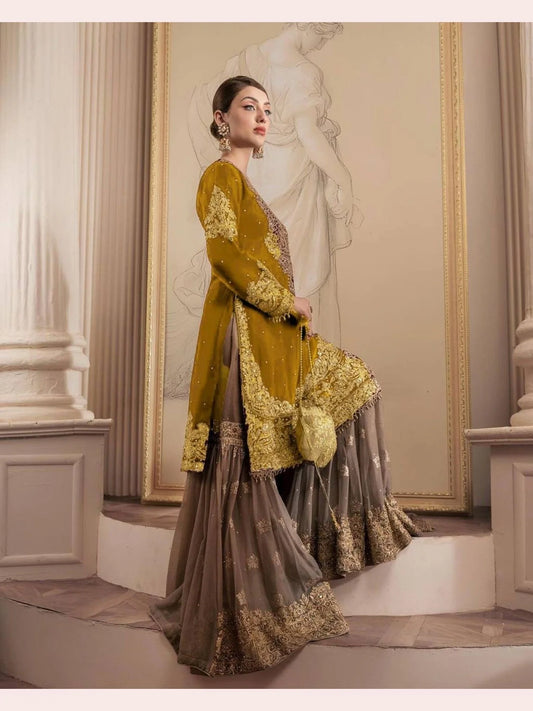 Beautiful Designer faux Georgette Sequence yellow Sharara set with Dupatta