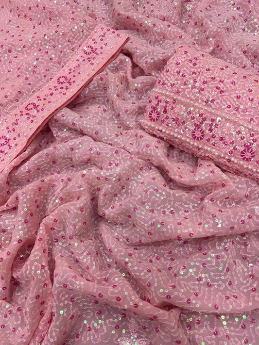 Party Wear Faux Georgette Saree With Embroidery Work Lace Border