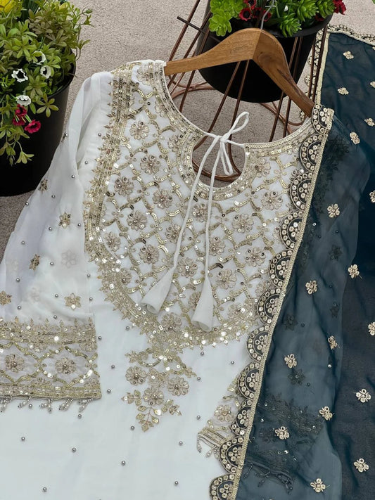 Latest Ready to Wear Heavy Georgette Sharara Suit with Embroidered Top and Dupatta Affordable 3 Piece Designer Set