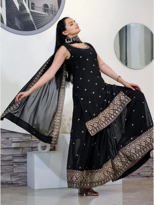 New Designer Faux Georgette Black Sharara set with Embroidery Sequence Work