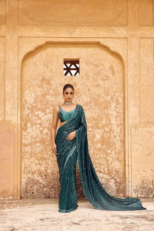 New Trending Bollywood Blockbuster Sequins Design Saree Launch For Royal Export