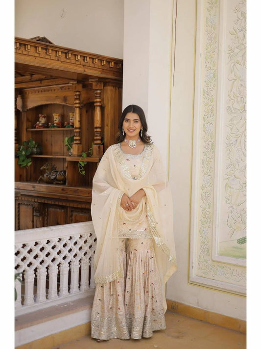 Ready to Wear Off White Kurti Gharara in Viscose Jacquerd and Embroidery Sequence work with Russion Silk Dupatta