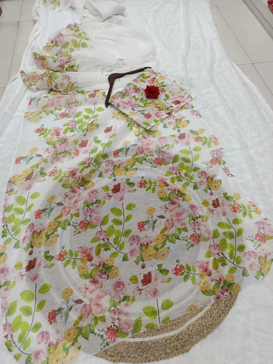 Bollywood Konkona Sen Desinger White Linen Print Saree Offer