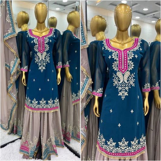 Royal Embroidered Sharara Suit Set in Pure Georgette Top with Mirror & Sequin Work, Paired with Heavy Flared Sharara Ready-to-Wear