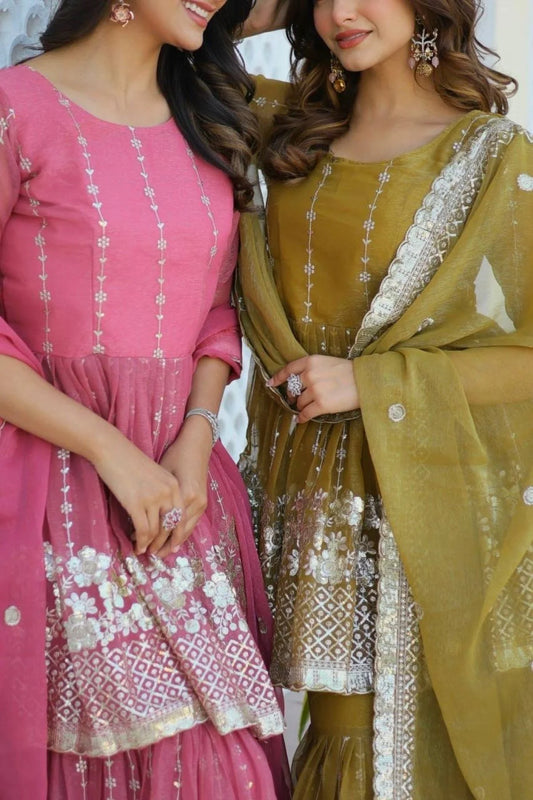 Premium Pure Shimmer Fabric Top Sharara Suit with Dupatta At Wholesale Price