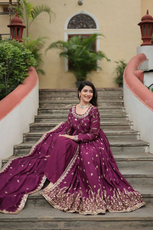 Stunning Wine Color Chinon Designer Embroidered Salwar Suit