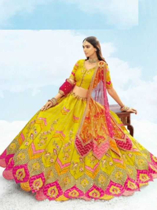 Elegant Mustard Yellow Embroidered Silk Lehenga Choli For Wedding