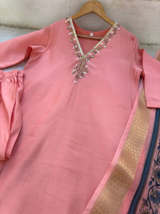 Peach Roman Silk Kurti Set with Miyani Pant & Digital Chanderi Dupatta Festive 3PC Wear for Wholesale Price