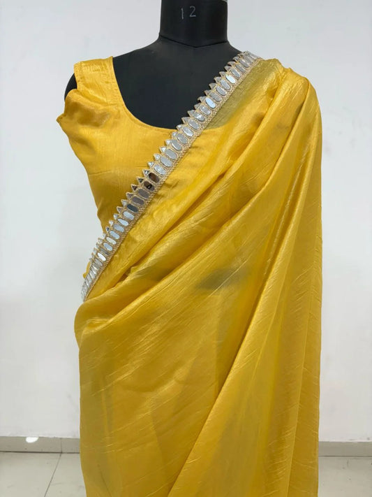 Sunset Yellow Pure Gold Crush Fancy Saree with Unstitched Blouse Piece