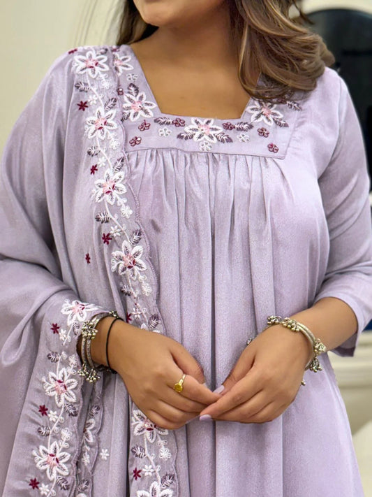 Designer Chinon Embroidery Top with Plain Rayon Bottom Dupatta Set Stylish 3 Piece Suit Set for Resellers