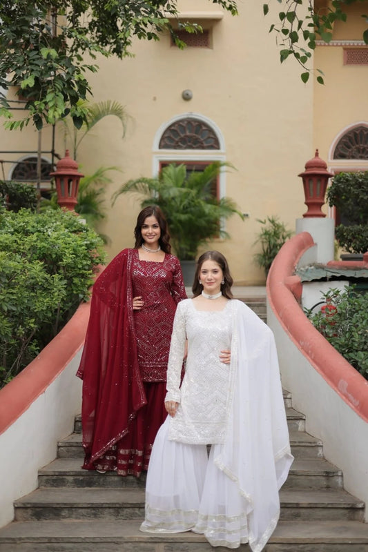 Extraordinary White Color Kurti Sharara Set with Embroidered Dupatta for Women