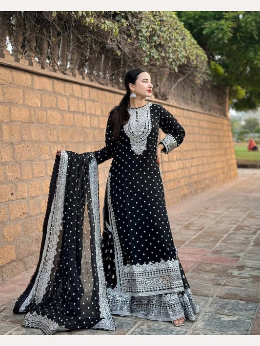 Women Black Designer Foux Georgette Embroidery and Sequence work Sharara set