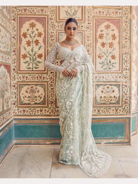 Bollywood Style Heavy Designer Mono net Saree with Beautiful Zalar attached pallu