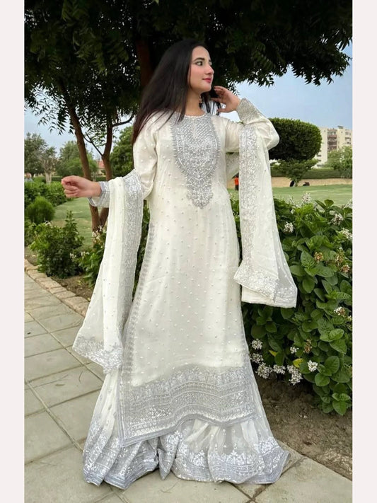 Women White Designer Foux Georgette Embroidery and Sequence work Sharara set