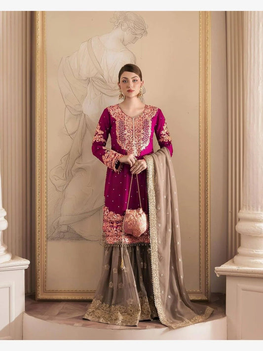 Beautiful Designer faux Georgette Sequence Pink Sharara set with Dupatta