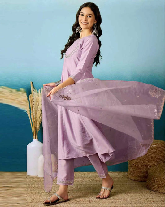 Designer Silk Blend Anarkali 3 Piece Suit Set with Embroidered Dupatta Ready to Wear Party Look for Resellers