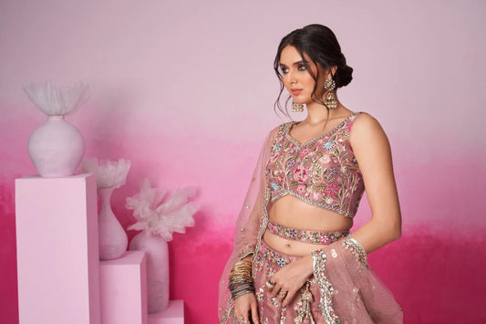 Rose Pink Net Embroidered and Sequin Bridal Lehenga Colletion For Resaller for Weddings