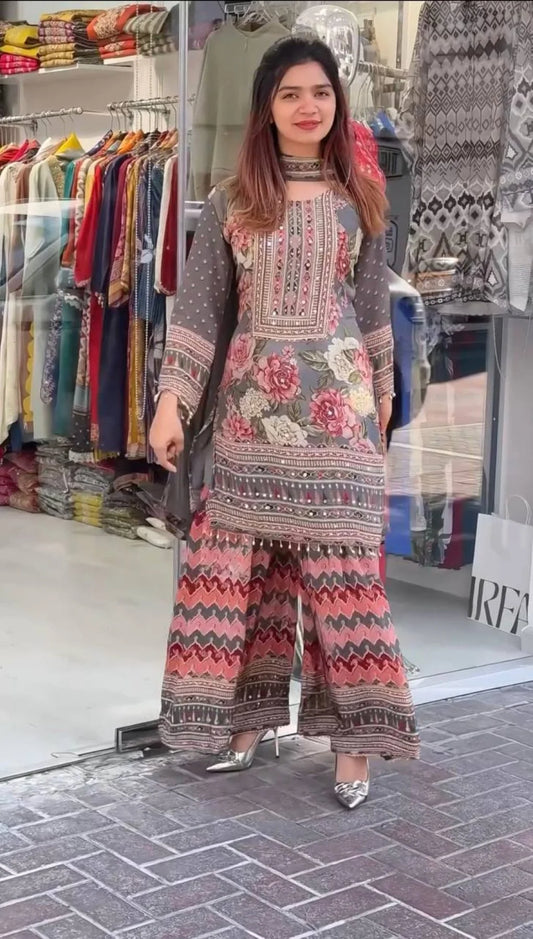 New womens wear Fancy printed Embroidered And Real Mirror Work Top And Pant With Printed Dupatta Kurta Set