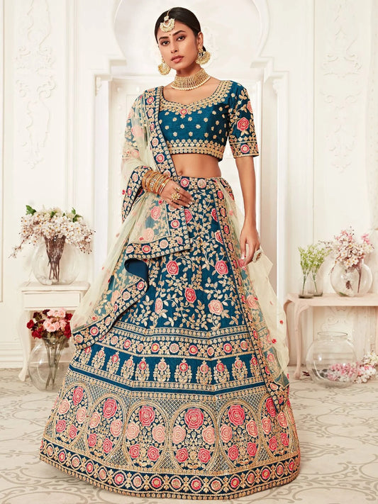 Regal Blue Bridal Lehenga Choli Set Slub Silk Traditional Set with Heavy Embroidery Work for Weddings