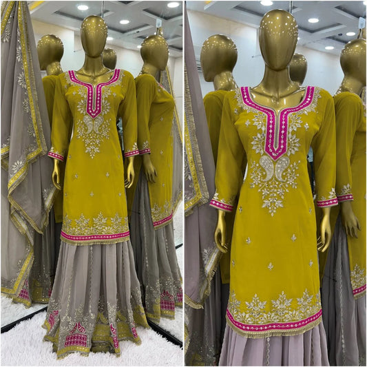 Latest Sharara Suit 2025 by Surat Designers Fully Stitched Georgette Suit with Intricate Sequin & Embroidery Work for Wedding