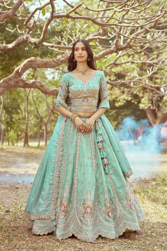 Sea Green Crushed Tissue Bridal Lehenga Multi Embroidery with Moti Zari Dupatta Latest Exporter Designer