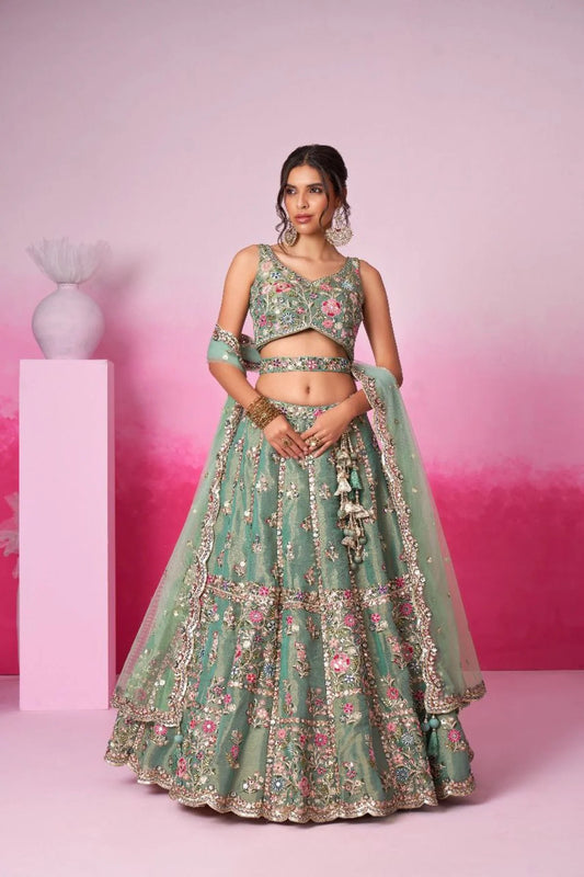 Sea Green Wedding Lehenga Designer Embroidery Dupatta Set Surat Manufacturing for Reseller