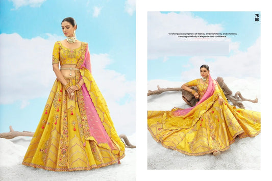 Designer Wedding Yellow Gold Bridal Lehenga Choli with Embroidery Cutwork Border