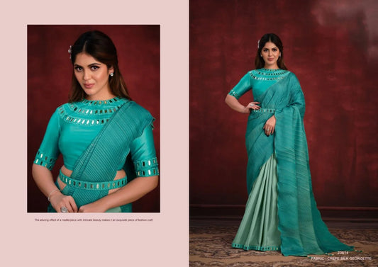 Mirror Sequence Thread Work Crepe Silk Georgette Party Wear Saree With Belt At Low Price