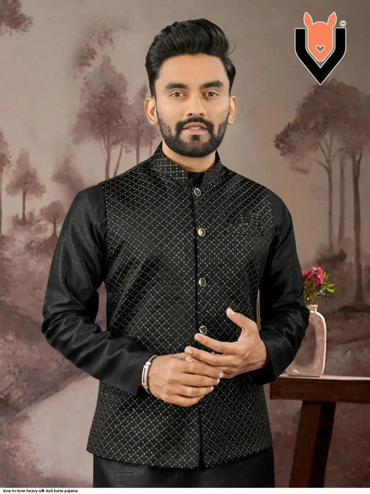 Royal Black Tone to Tone Designer Silk Kurta Pajama Koti Full Set for Men Premium Ready to Wear Ethnic Full Set for Resellers