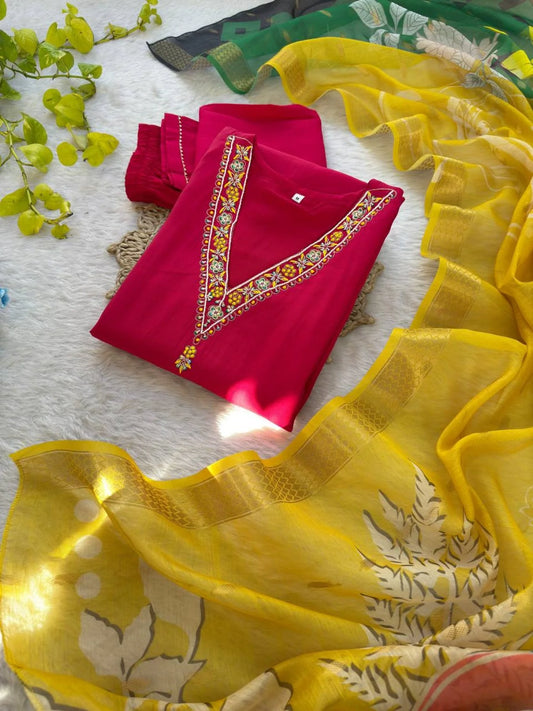 Roman Silk Kurti Pant Dupatta Set Hand Embroidered 3PC with Designer Chanderi Dupatta Wholesale from Surat