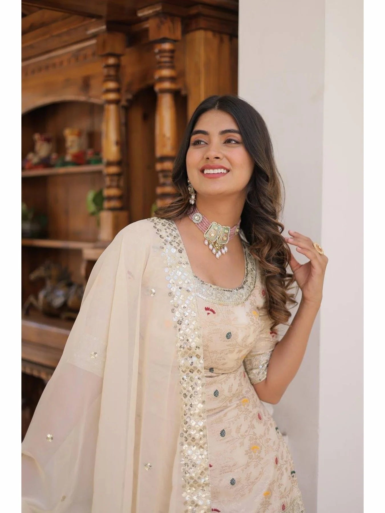 Ready to Wear Off White Kurti Gharara in Viscose Jacquerd and Embroidery Sequence work with Russion Silk Dupatta