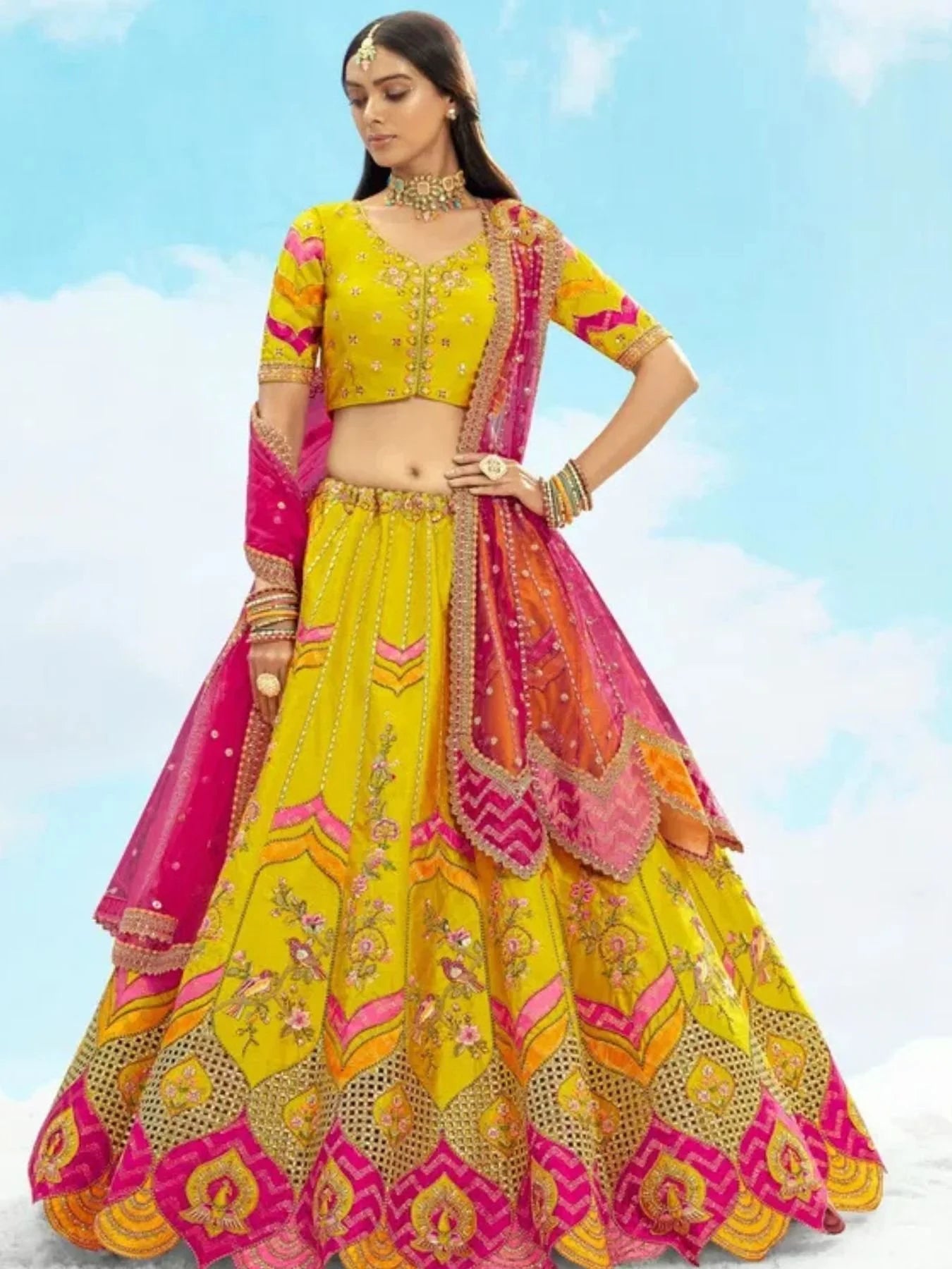 Elegant Mustard Yellow Embroidered Silk Lehenga Choli For Wedding