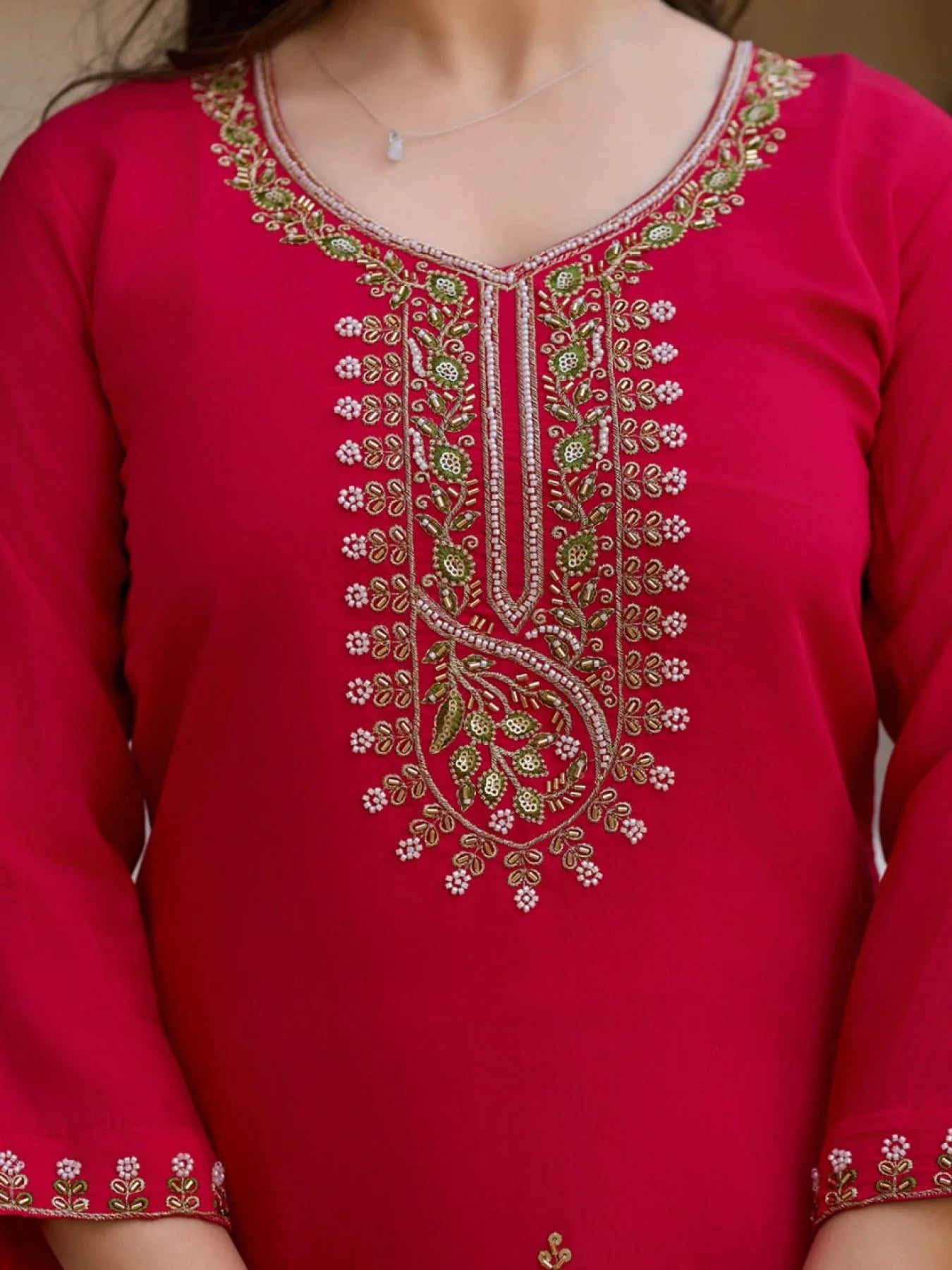 Bead Work Viscose Chanderi Kurti Suit Set with Printed Organza Dupatta Ready to Wear 3 Piece Set at Manufacturer Rate
