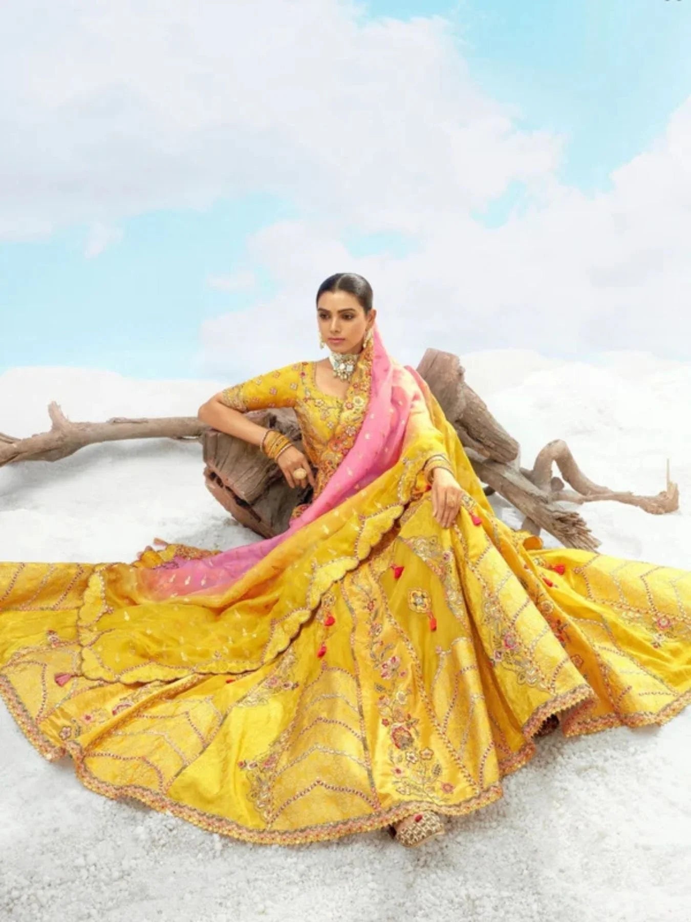 Designer Wedding Yellow Gold Bridal Lehenga Choli with Embroidery Cutwork Border