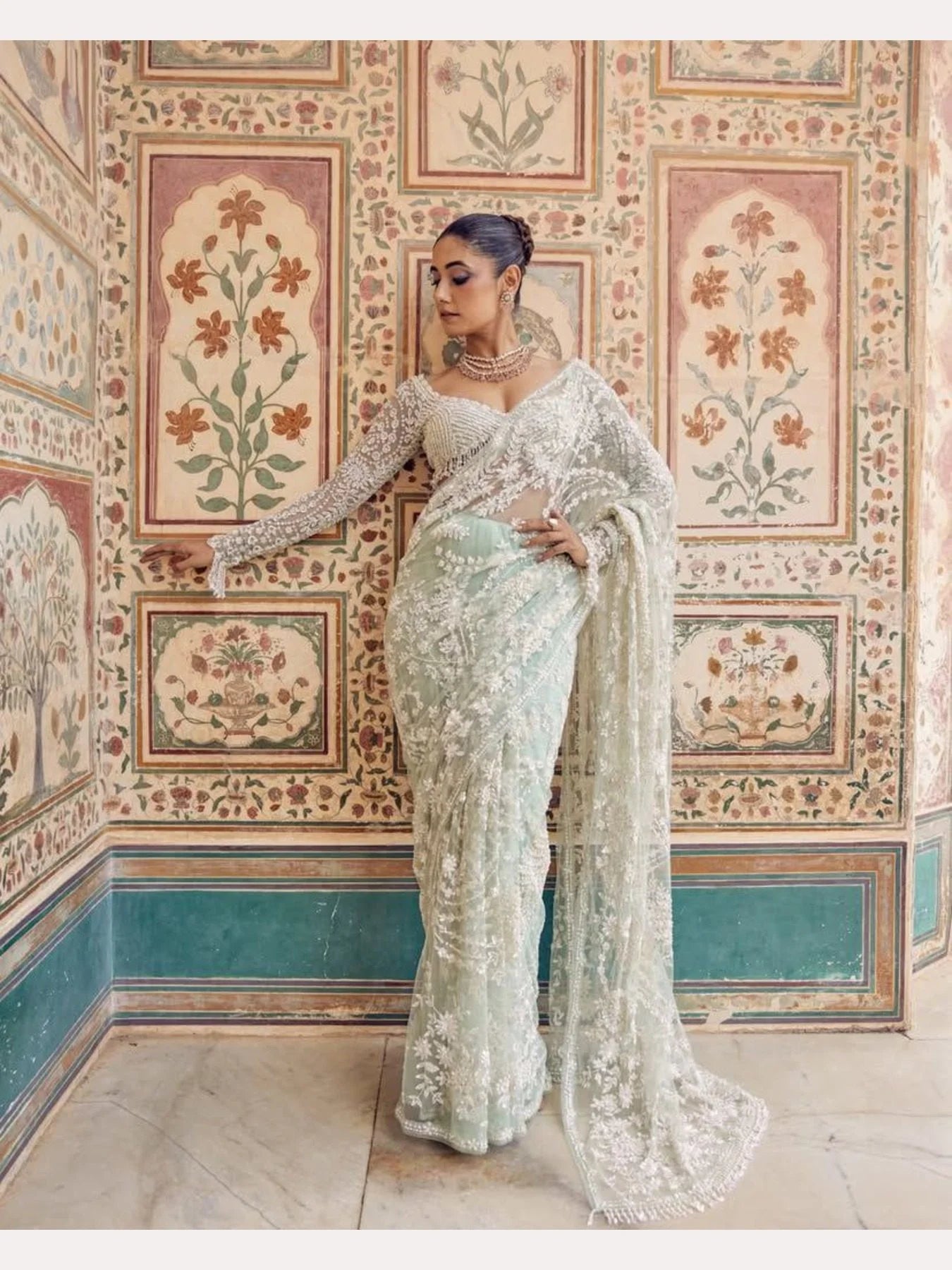 Bollywood Style Heavy Designer Mono net Saree with Beautiful Zalar attached pallu