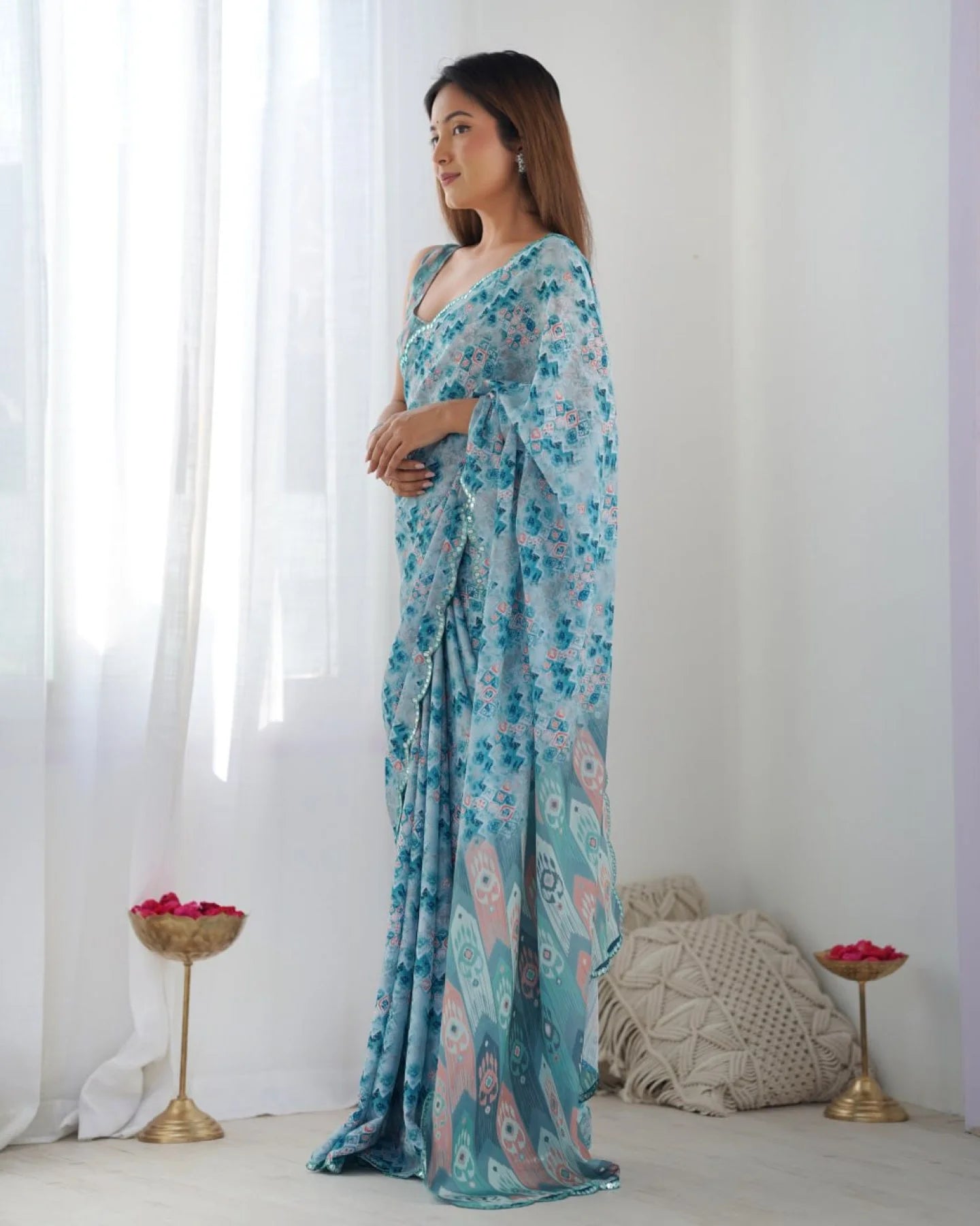 Stylish Chinon Sky Blue Saree with Mirror Lace & Blouse Piece Exclusive Wholesale Collection India